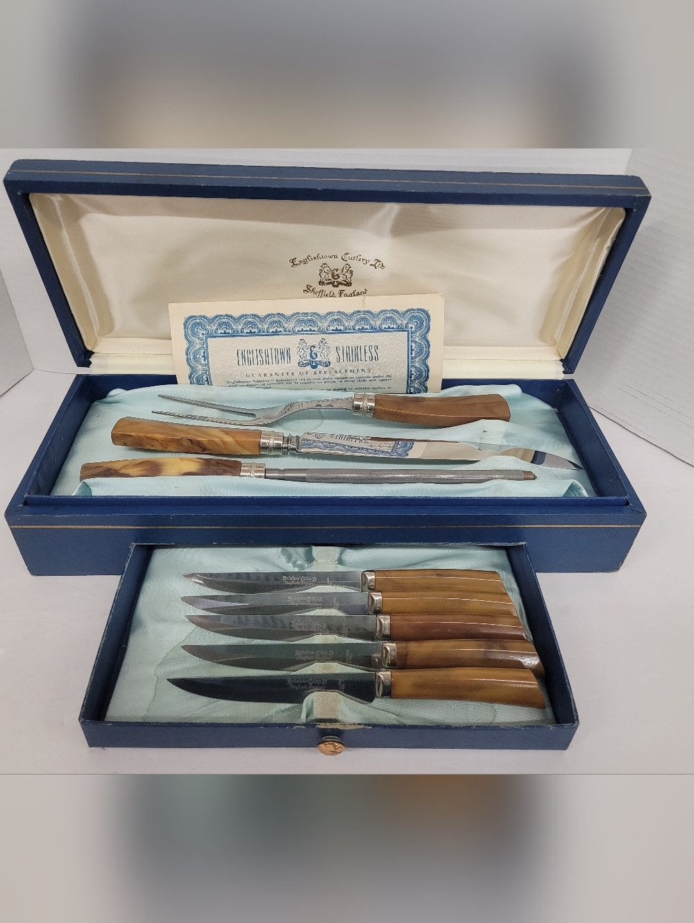 Sheffield England 8 Pc Carving Knife Set With Bakelite Handles In Original Box